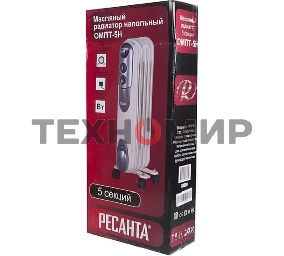 Обогреватель масляный Ресанта ОМПТ- 5Н (5 секций), белый, 1000 Вт, 10 м2, термостат 67/3/2