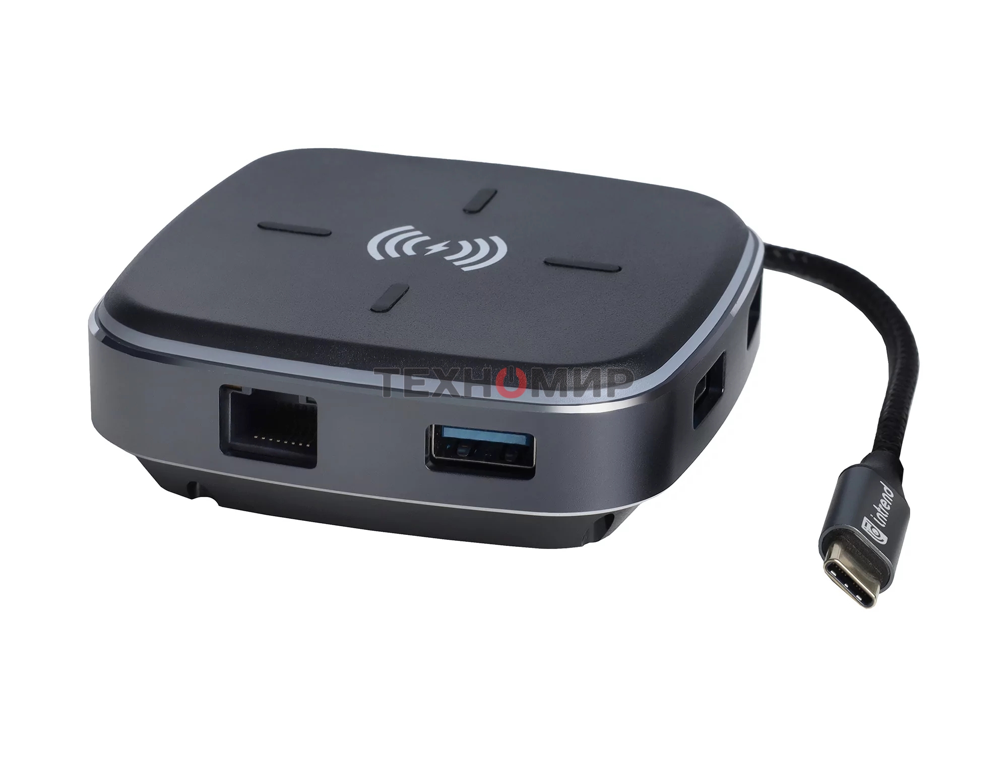 Многофункциональная док-станция Intrend ITACS-9W Type-C с беспроводной зарядкой 3 встроенных высокоскоростных USB 3.0, встроенный высокоскоростной TF и SD карт ридер, разъем RJ-45 для подключения к локальной сети HDMI 4K/30Hz, 60W Power Delivery порт,