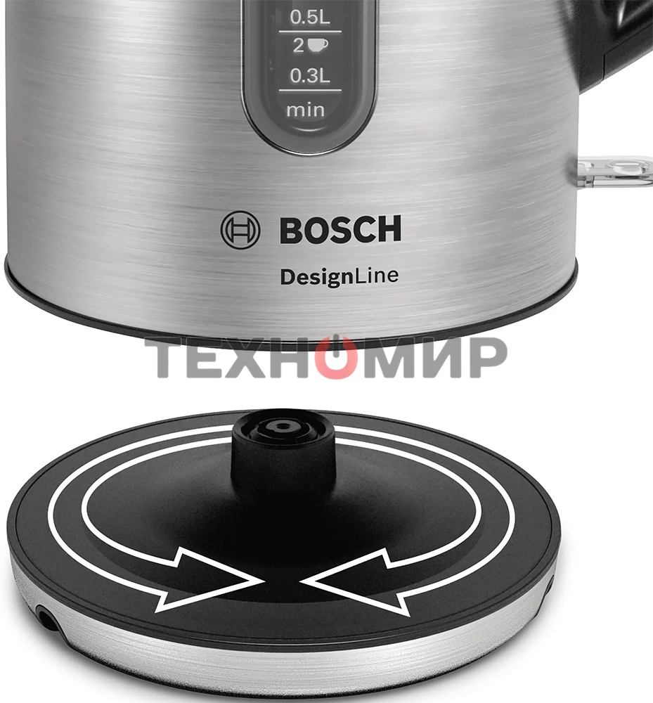 Чайник электрический Bosch TWK4P440 1.7 л, 2400 Вт, нержавеющая сталь/черный (корпус: нержавеющая сталь)