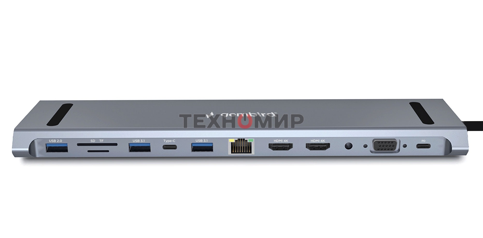 Концентратор USB Type-C Gembird UHB-D6, 12в1: 2xUSB3.1, USB2.0, RJ45, Type-C PD87W, Jack 3.5, SD/TF, 2xHDMI, VGA, Type-C, кабель 23см, алюминий