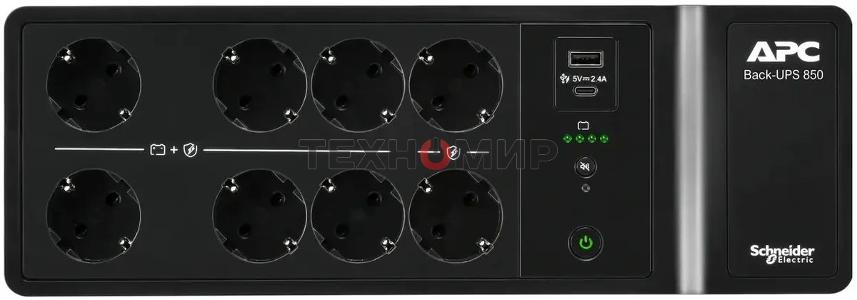 Источник бесперебойного питания APC Back-UPS ES 850VA/520W, 230V, 8 Schuko (2 Surge & 6 batt.), USB, USB charge(type A,C), Data/DSL protect.,(BE700G-RS, BE850G2-GR analogue), 1 year warranty