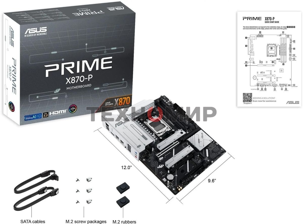 Материнская плата ASUS PRIME X870-P, AM5, AMD X870, 4xDDR5, 2xSATA, 4xM.2, 1xPCIe 5.0 x16, 2xPCIe 4.0 x1, 1xHDMI, 2xUSB-C, 1x 2.5Gb LAN, 4xUSB-A 3.2 Gen 1, 1xUSB-A 3.2 Gen 2, 4xUSB-A 2.0, 3x3.5 мм, 7.1, ATX