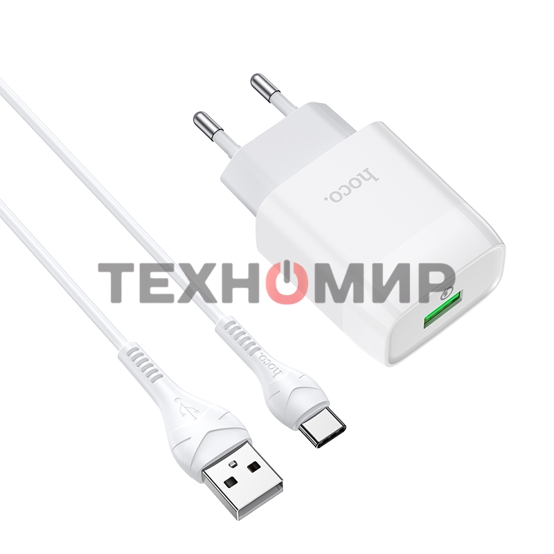 Зарядное устройство Hoco 18Вт, 3А, QC3.0, 1xUSB + кабель USB/Type-C, C72Q, белый, блистер