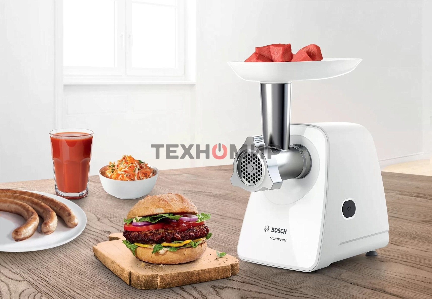 Мясорубка электрическая Bosch MFW2520W белый, 1500 Вт, 1.7 кг/мин, насадки - 4