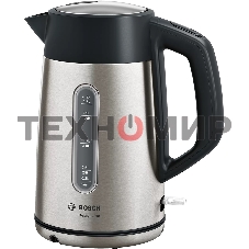 Чайник электрический Bosch TWK4P440 1.7 л, 2400 Вт, нержавеющая сталь/черный (корпус: нержавеющая сталь)