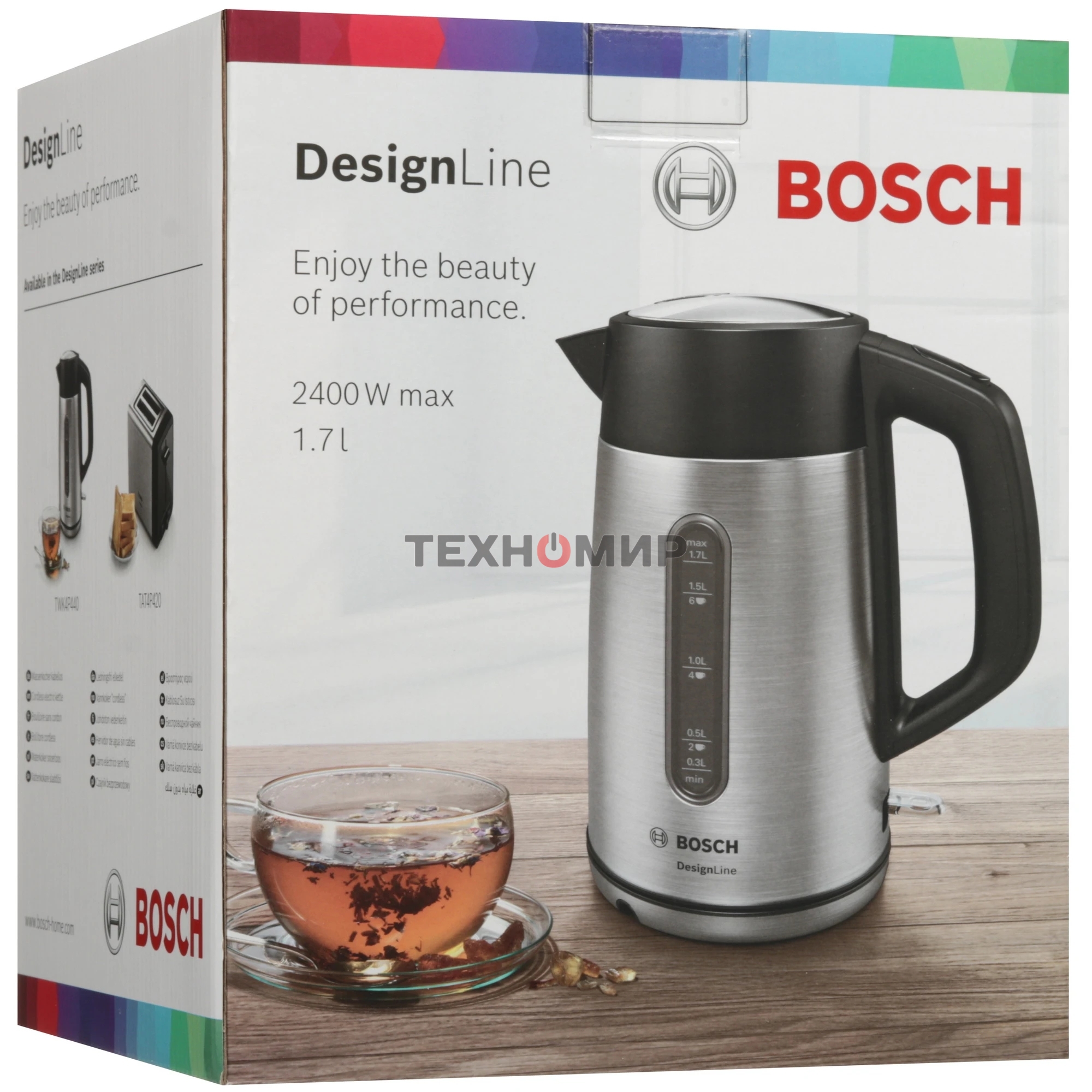 Чайник электрический Bosch TWK4P440 1.7 л, 2400 Вт, нержавеющая сталь/черный (корпус: нержавеющая сталь)