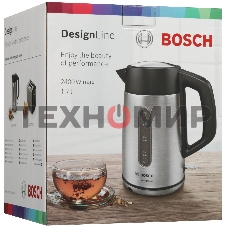 Чайник электрический Bosch TWK4P440 1.7 л, 2400 Вт, нержавеющая сталь/черный (корпус: нержавеющая сталь)