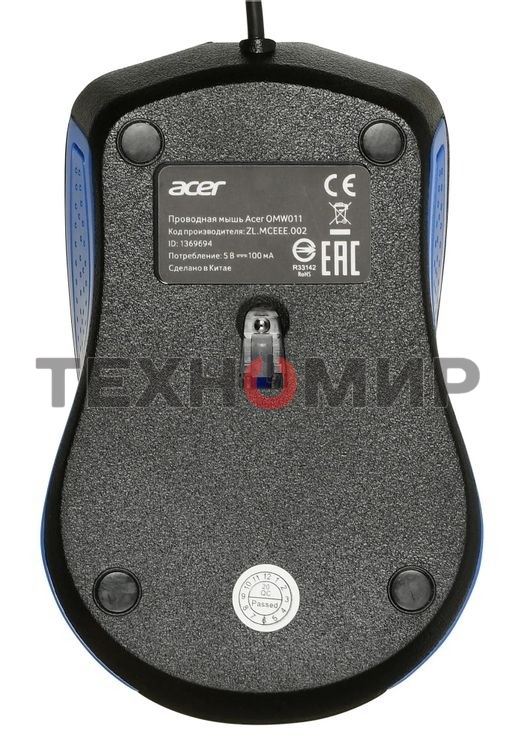 Мышь проводная Acer OMW011 черный/синий, 1200 dpi, USB, кнопки - 3