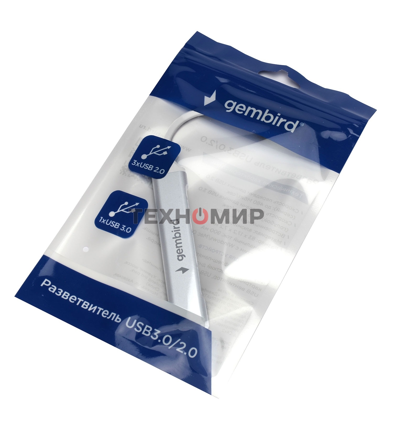 Разветвитель USB3.0/2.0 Gembird UHB-C206, USB3.0, 3xUSB2.0, кабель USB 10 см, серебристый металл, пакет