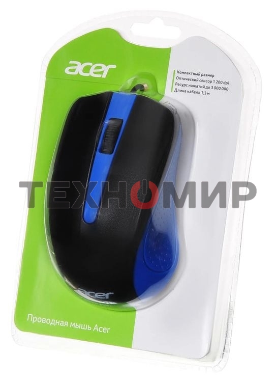Мышь проводная Acer OMW011 черный/синий, 1200 dpi, USB, кнопки - 3