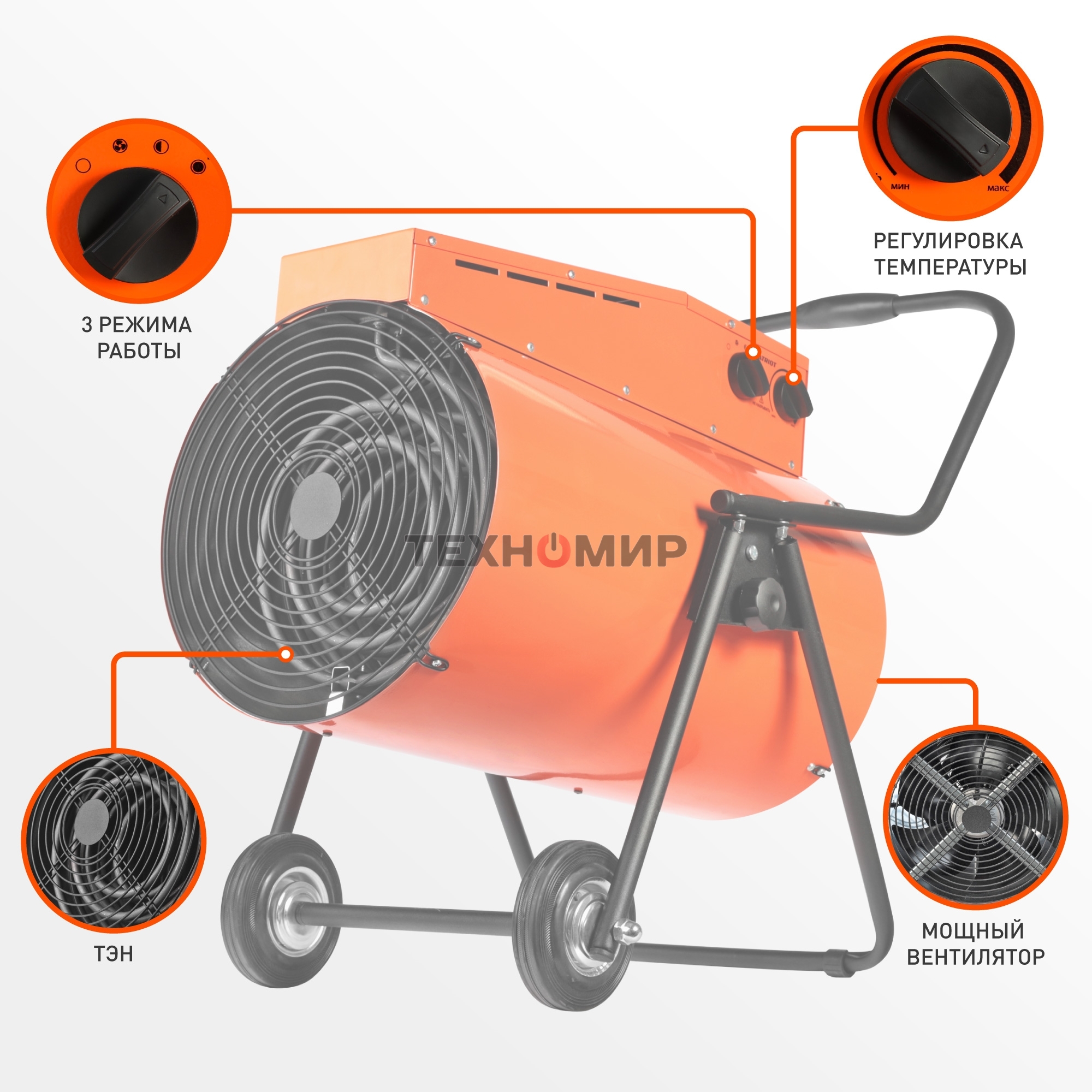 Тепловентилятор электрический Patriot PT-R 30, оранжевый/черный, 30 кВт, 270 м2, 380В, терморегулятор