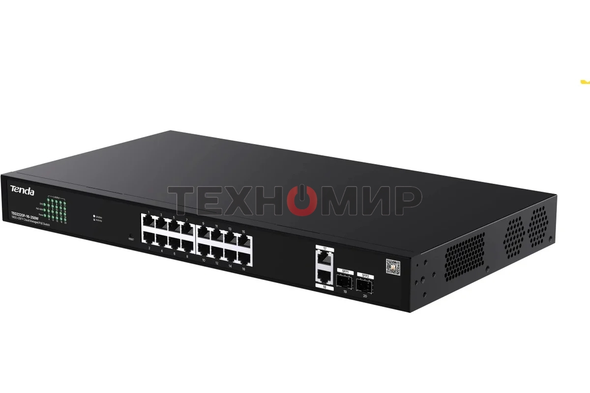 Коммутатор управляемый PoE Tenda TEG2220P-16-250W, 18 портов, 18x1 Гбит/с, SFP 2x1 Гбит/с, PoE 16x30Вт (до 230Вт)