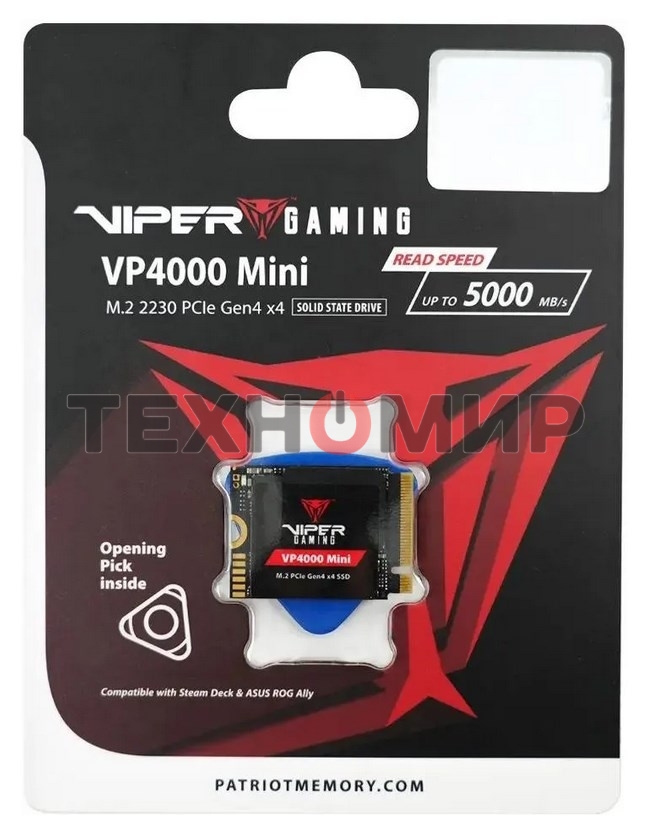 Накопитель SSD Patriot Viper VP4000, 2Tb, PCIe 4.0 x16, M.2 2230, NVMe, R/W 3200/3500, с радиатором
