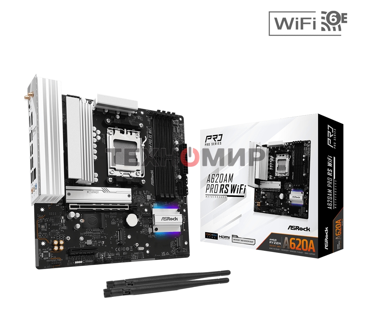 Материнская плата ASROCK A620AM Pro RS WiFi, AM5, AMD A620, 4xDDR5, 2xSATA, 3xM.2, 1xPCIe 4.0 x16, 1xPCIe 3.0 x2, 1xDP, 1xHDMI, 1x2.5Gb LAN, Wi-Fi 6E, Bluetooth 5.2, 1xUSB-C 5Gbps, 3xUSB-A 5Gbps, 4xUSB-A 2.0, 3x3.5 мм, 7.1, mATX