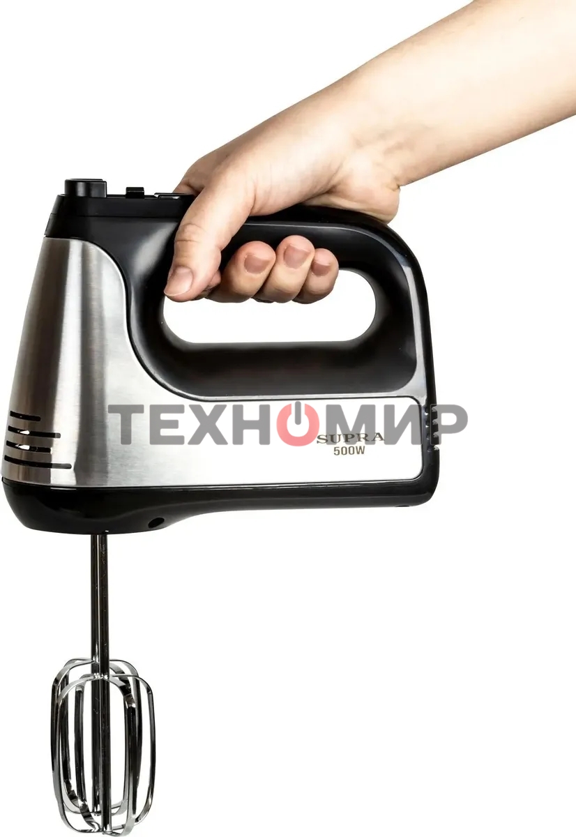 Миксер SUPRA MXS-591 500 Вт, 6 скоростей, режим Турбо, насадки для взбивания яиц и крема, насадки для замеса тяжелого теста, корпус металл/пластик, черный)