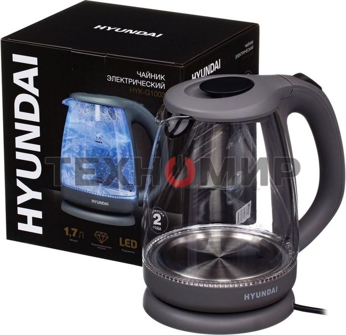 Чайник электрический Hyundai HYK-G1003 1.7л. 2200Вт серый (корпус: стекло)