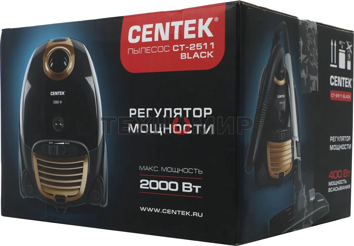 Пылесос Centek CT-2511 черный/желтый, 400/2000 Вт, уборка сухая, пылесборник мешок 2 л
