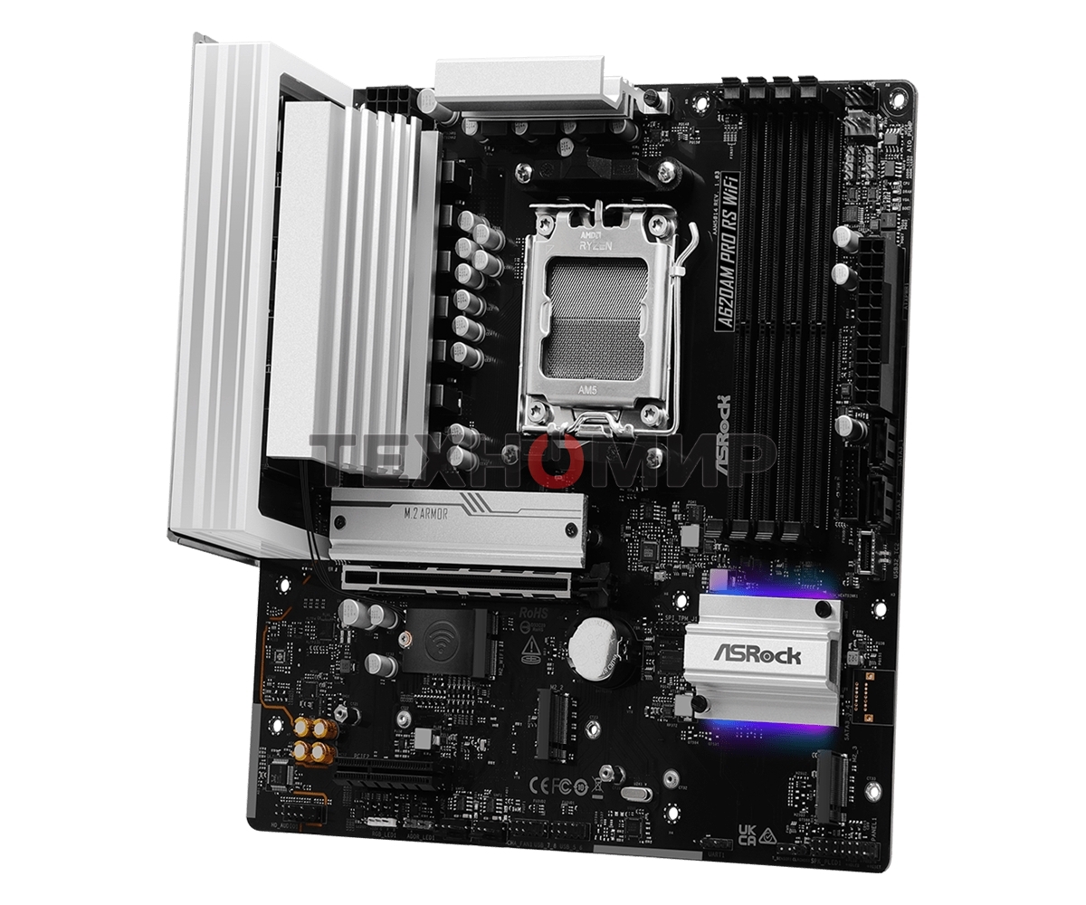Материнская плата ASROCK A620AM Pro RS WiFi, AM5, AMD A620, 4xDDR5, 2xSATA, 3xM.2, 1xPCIe 4.0 x16, 1xPCIe 3.0 x2, 1xDP, 1xHDMI, 1x2.5Gb LAN, Wi-Fi 6E, Bluetooth 5.2, 1xUSB-C 5Gbps, 3xUSB-A 5Gbps, 4xUSB-A 2.0, 3x3.5 мм, 7.1, mATX