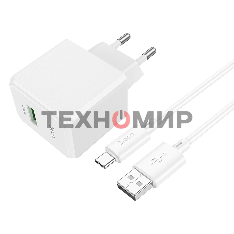 Зарядное устройство Hoco 18Вт, 3А, QC3.0, 1xUSB + кабель USB/Type-C, CS12A, белый, блистер