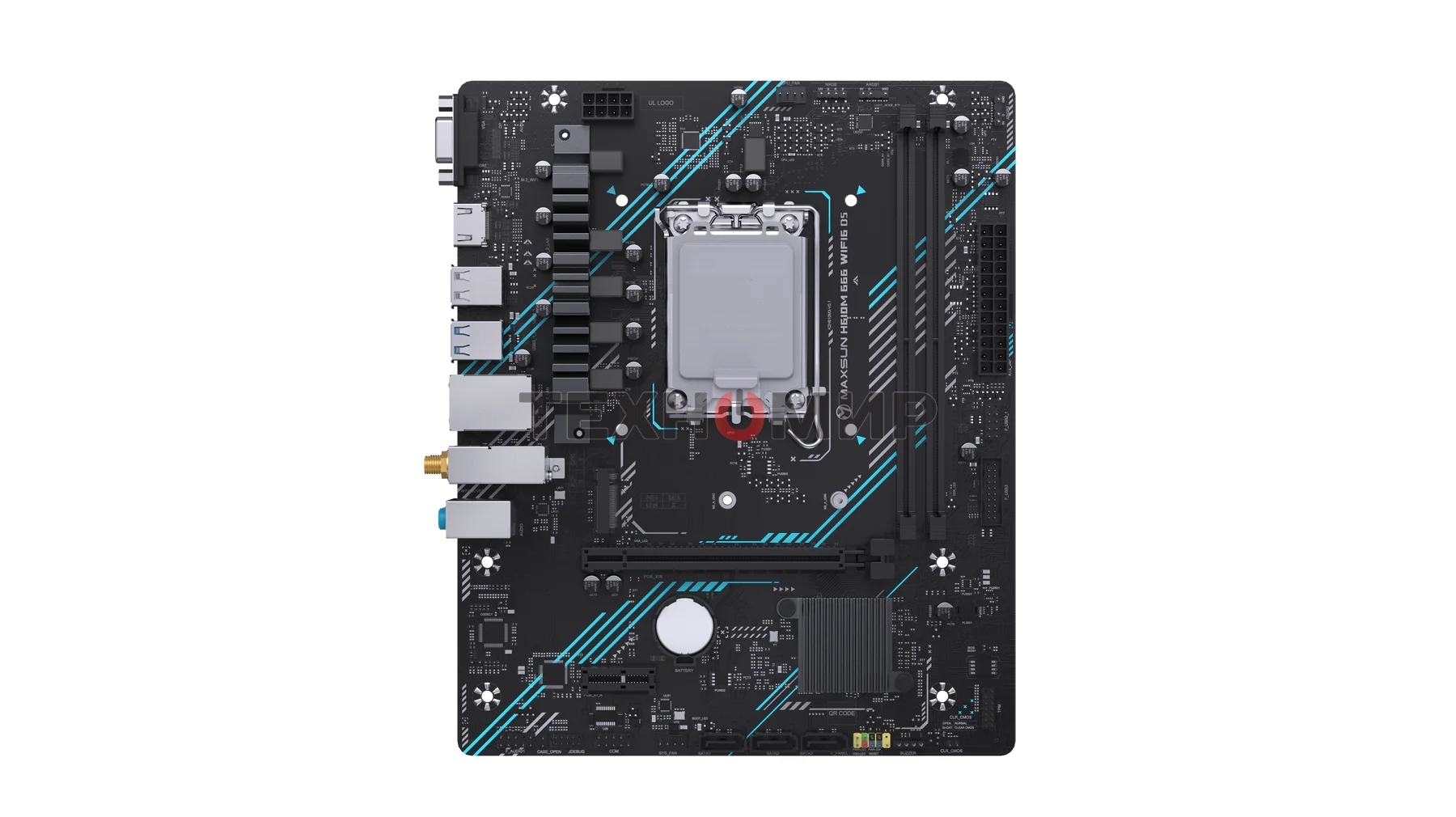 Материнская плата Maxsun H610M 666 WIFI6 D5, LGA 1700, Intel H610, 2xDDR5, 4xSATA, 1xM.2, 1xPCI-E 4.0 x16, 1xPCI-E x1, 1xHDMI, 1xDP, 1x 1Gb LAN, 3xUSB 2.0, 4xUSB 3.0, 5.1, mATX