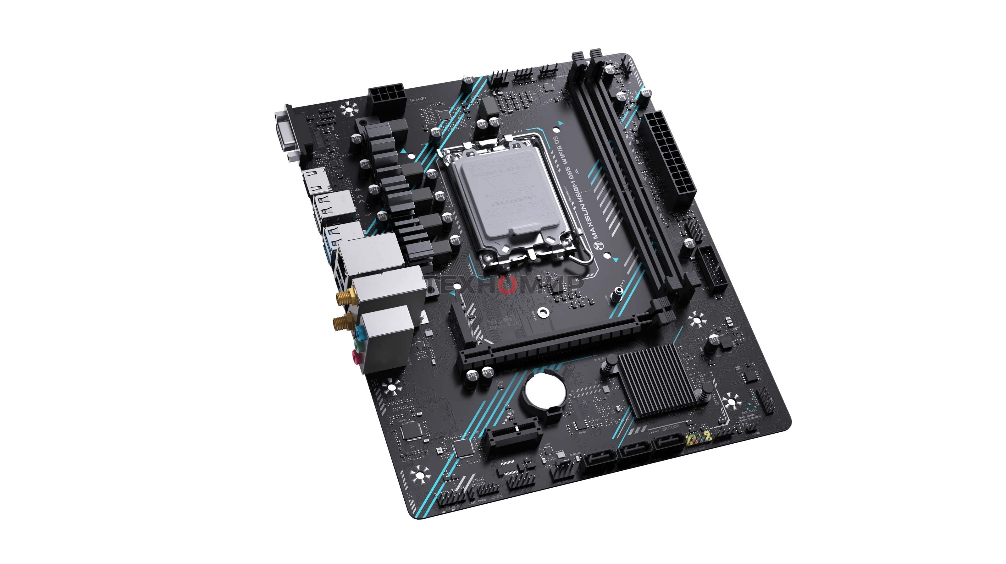 Материнская плата Maxsun H610M 666 WIFI6 D5, LGA 1700, Intel H610, 2xDDR5, 4xSATA, 1xM.2, 1xPCI-E 4.0 x16, 1xPCI-E x1, 1xHDMI, 1xDP, 1x 1Gb LAN, 3xUSB 2.0, 4xUSB 3.0, 5.1, mATX