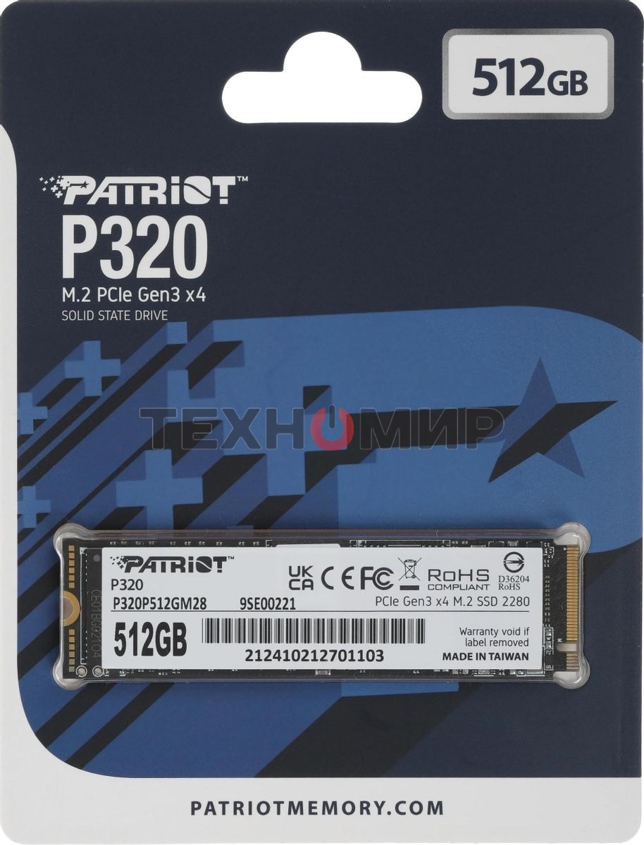 Накопитель SSD Patriot P320, 512Gb, PCIe 3.0 x4, M.2 2280, NVMe, R/W 3000/2200