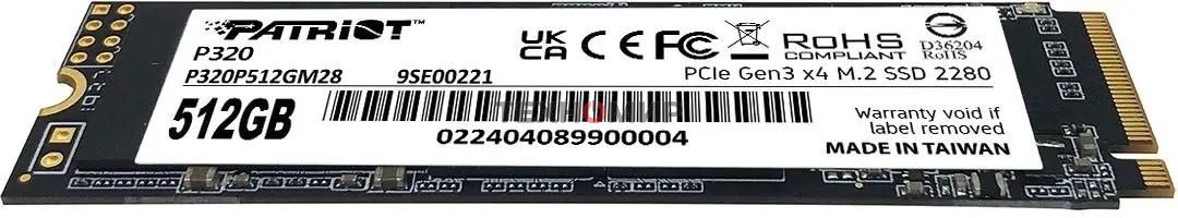 Накопитель SSD Patriot P320, 512Gb, PCIe 3.0 x4, M.2 2280, NVMe, R/W 3000/2200