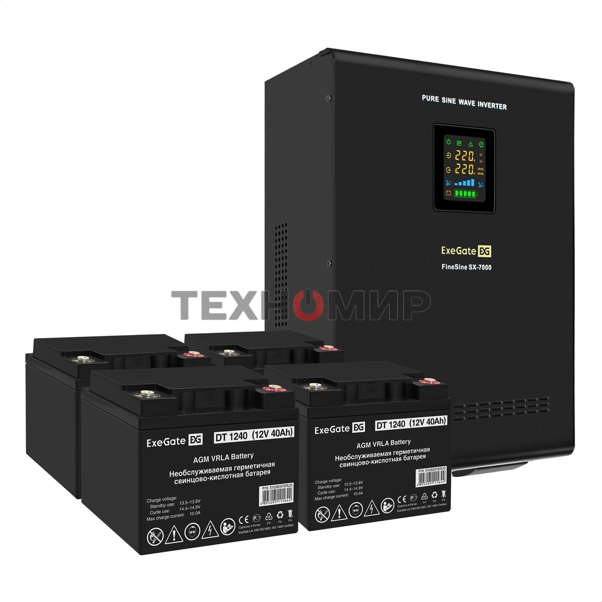 Комплект источника бесперебойного питания Exegate EX296005RUS + батарея 40Aч EX282976RUS 4шт (инвертор, синус, для котла, настенный) ExeGate FineSine SX-7000.LCD.AVR.2SH.T <7000VA/5000W, чистая синусоида, цветной LCD-дисплей, AVR, 2*Schuko+клеммы, линейно