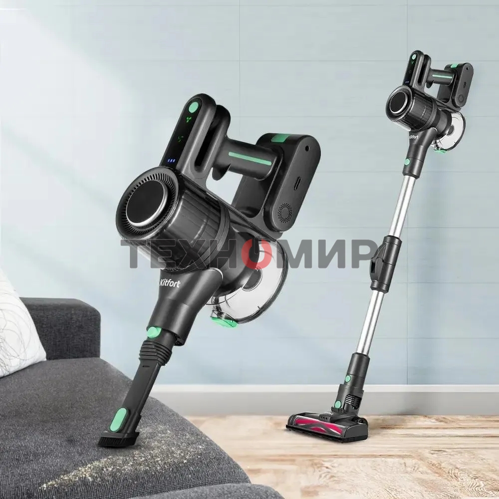 Пылесос ручной Kitfort КТ-5168 зеленый/черный, питание от аккумулятора, 75 Вт, уборка сухая, пылесборник 0.5 л, работа от АКБ max 32 мин.