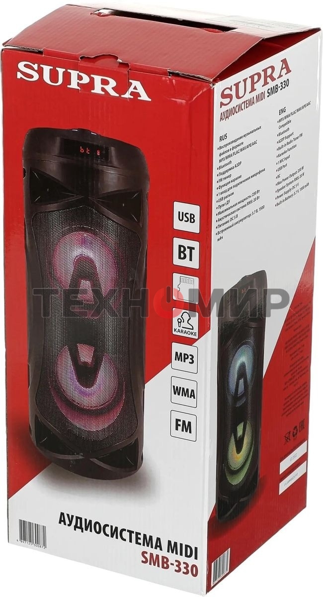Акустическая система SUPRA SMB-330, 20Вт, с караоке, Bluetooth, FM, USB, черный