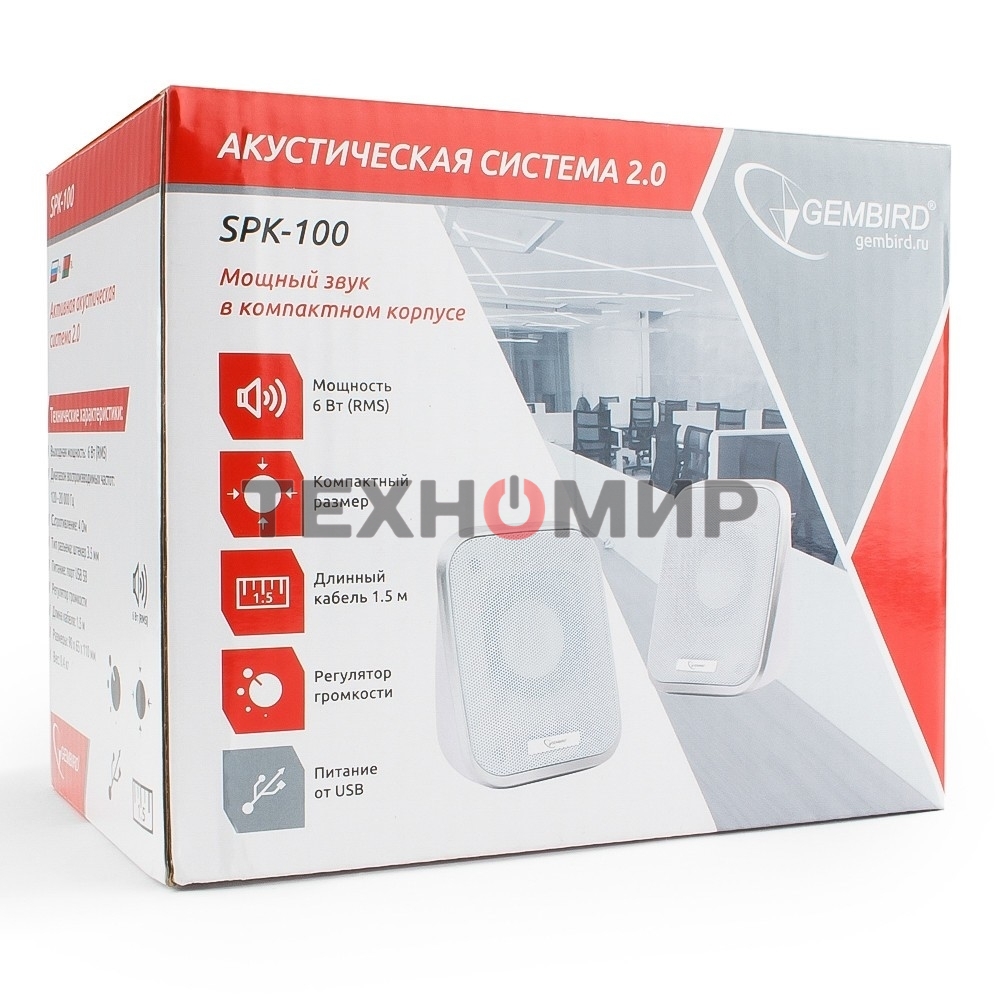 Акустическая система 2.0 Gembird SPK-100-W, белый, 6 Вт, регулятор громкости, USB-питание