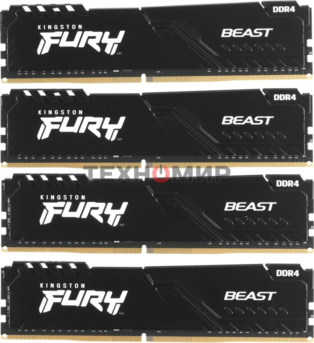 Оперативная память Kingston Fury Beast, DDR4, 64GB (4x16GB), 3600MHz, CL18, DIMM, радиатор, черный