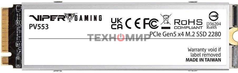 Накопитель SSD Patriot PV553, 4Tb, PCIe 5.0 x4, M.2 2280, NVMe, R/W 12400/11800, с активным охлаждением