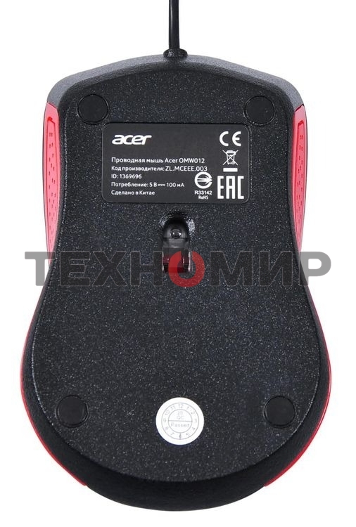 Мышь проводная Acer OMW012 черный/красный, 1200 dpi, USB, кнопки - 3