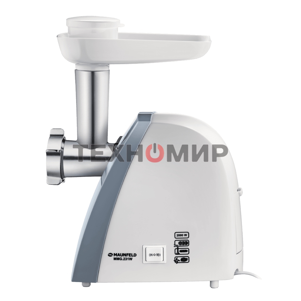 Мясорубка электрическая Maunfeld MMG.231W белый, 2000 Вт, 1.5 кг/мин, реверс, защита от перегрузки, насадки - 5