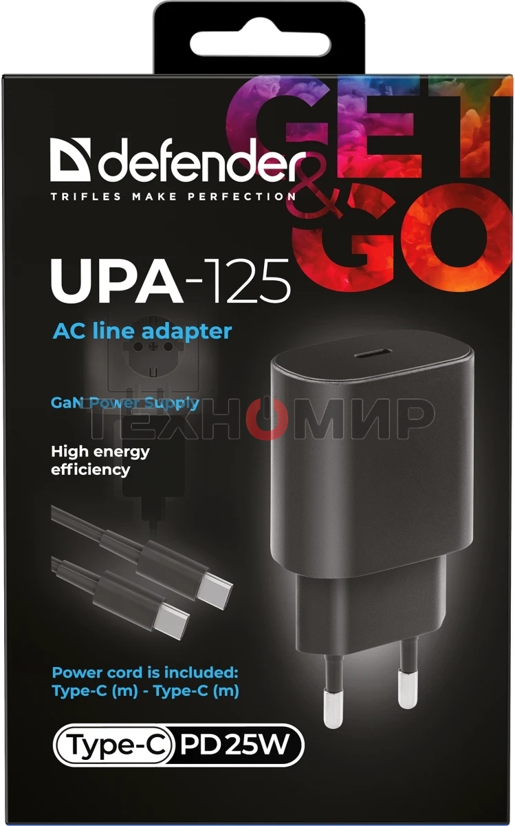 Сетевое зарядное устройство Defender UPA-125 25W,USB C,кабель Type-C,черный