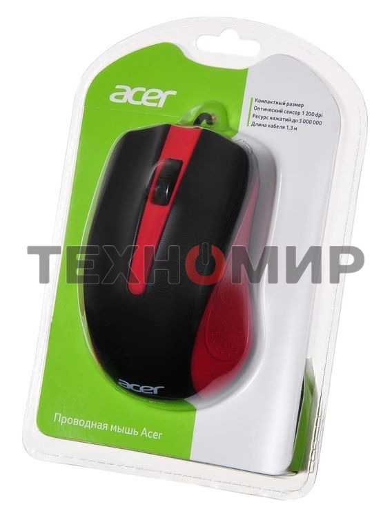 Мышь проводная Acer OMW012 черный/красный, 1200 dpi, USB, кнопки - 3