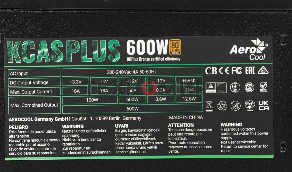 Блок питания Aerocool/Formula KCAS PLUS 600W, 600Вт, 80 PLUS Bronze, 120мм, черный