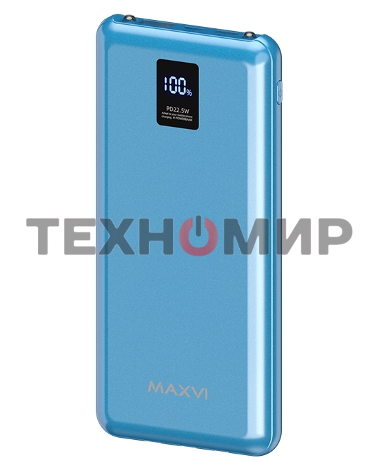 Портативный аккумулятор Maxvi PB10-11 10000 мАч blue 3A, встроенные кабели USB A/Type-C/Lightning