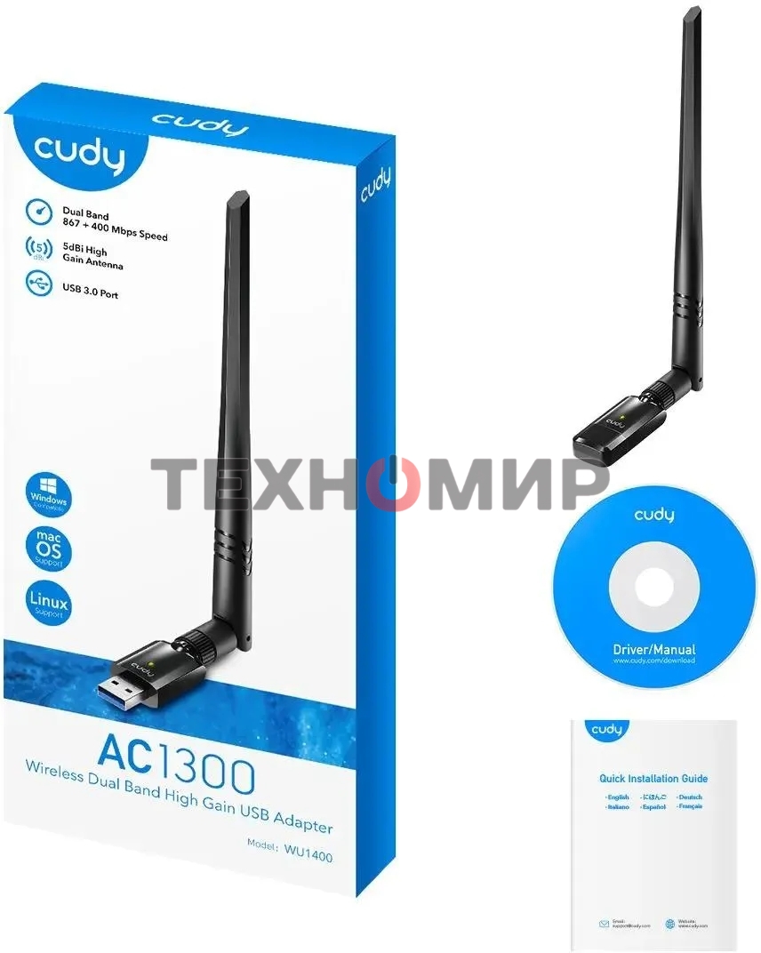 Сетевой адаптер Wi-Fi Cudy WU1400 AC1300 USB 3.0 (ант.внеш.несъем.) 1ант.