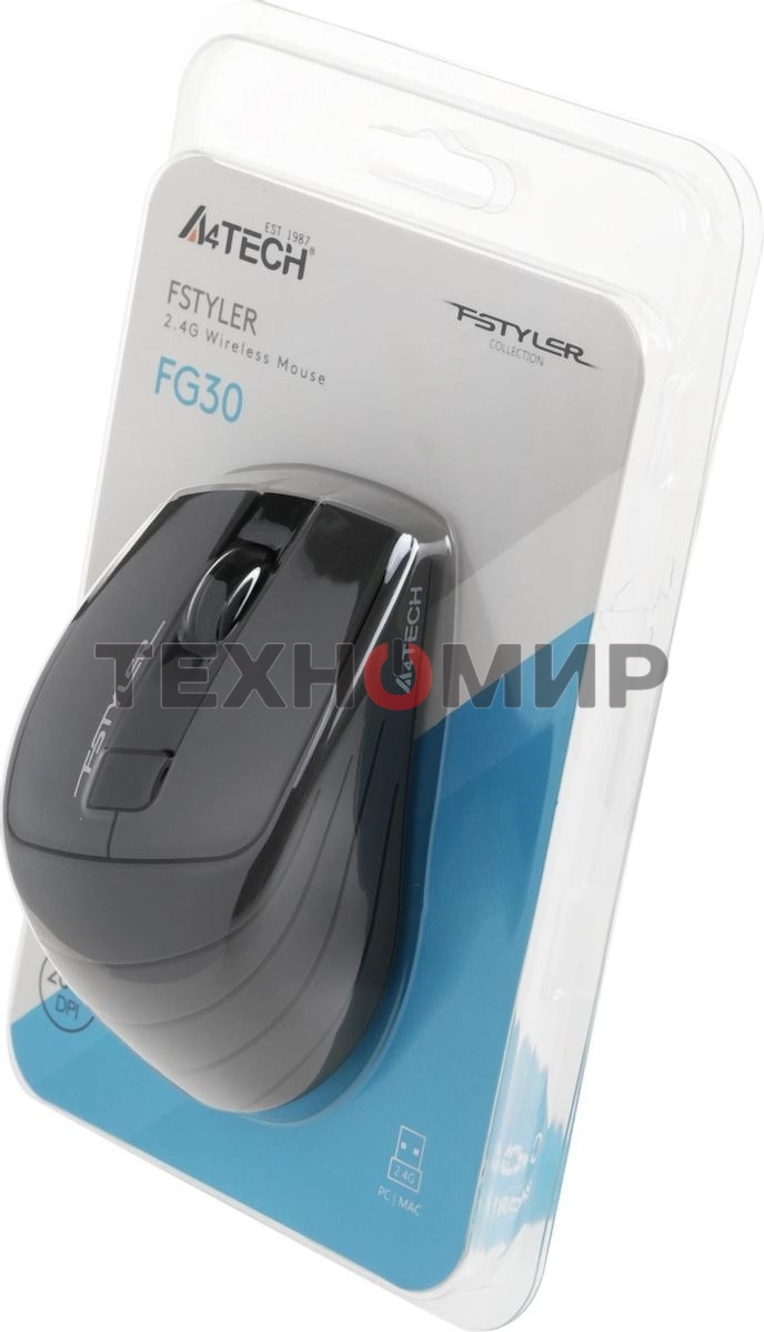 Мышь беспроводная A4Tech Fstyler FG30 серый, 2000 dpi, радиоканал, USB, кнопки - 5