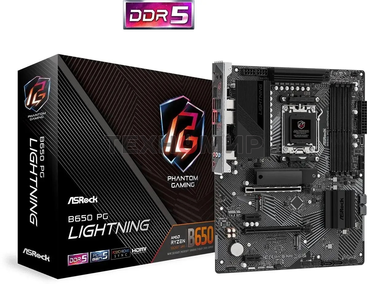 Материнская плата ASRock B650 PG Lightning, AM5, AMD B650, 4xDDR5, 4xSATA, 3xM.2, 1xPCI-E 4.0 x16, 1xPCI-E 4.0 x2, 1xHDMI, 1x 2.5Gb LAN, 4xUSB-A 2.0, 7xUSB-A 3.2 Gen 1, 1xUSB-C 3.2 Gen 2x2, 3x3.5 мм, 7.1, ATX