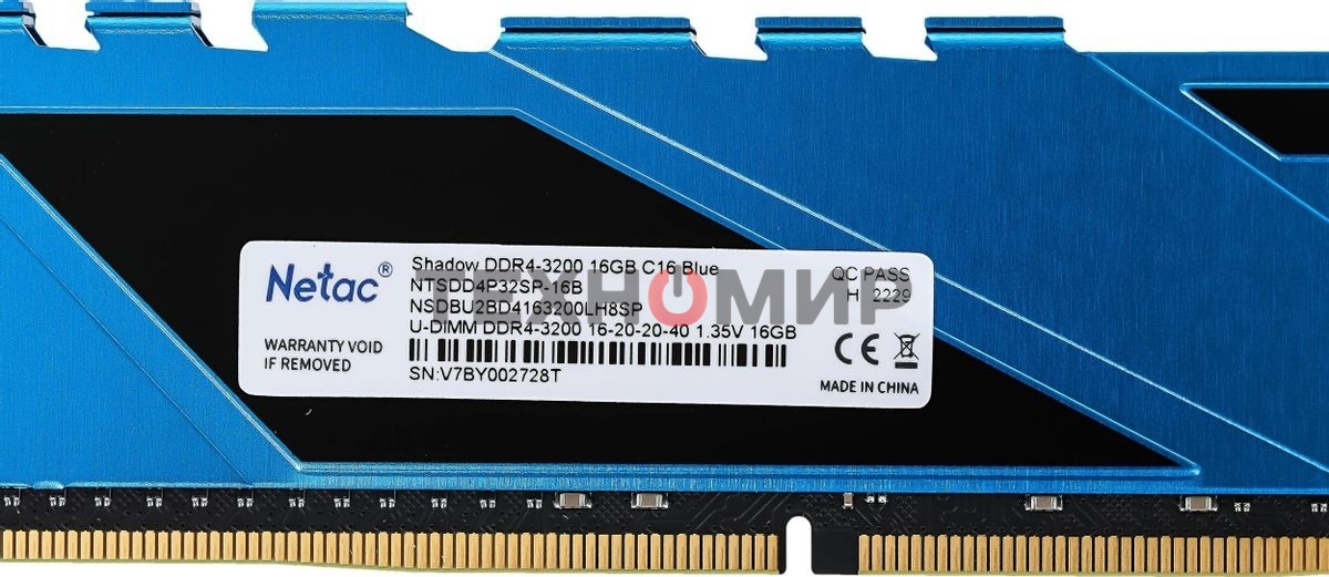 Оперативная память NETAC Shadow, DDR4, 16GB (1x16GB), 3200MHz, CL16, DIMM, с радиаторами, синий