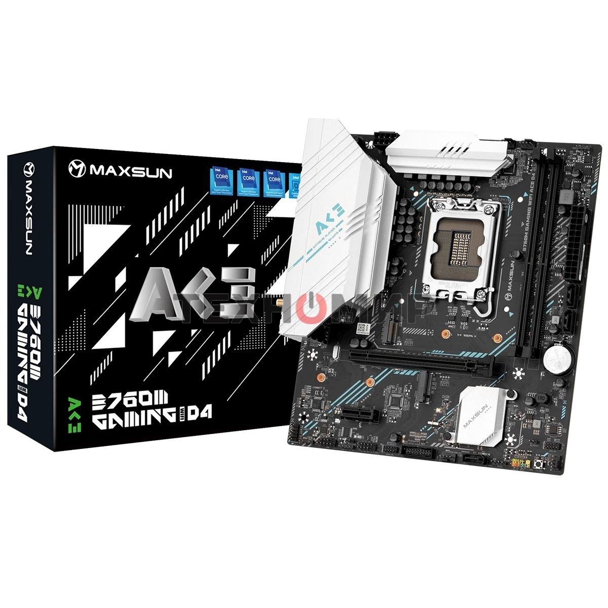 Материнская плата Maxsun B760M GAMING WIFI ACE D4, LGA 1700, Intel B760, 2xDDR4, 3xSATA, 2xM.2, 1xPCIe 4.0 x16, 1xPCIe x1, 1xHDMI, 1x1Gb LAN, 4xUSB-A 3.2 Gen 1, 2xUSB-A 2.0, 3x3.5 мм, 5.1, mATX