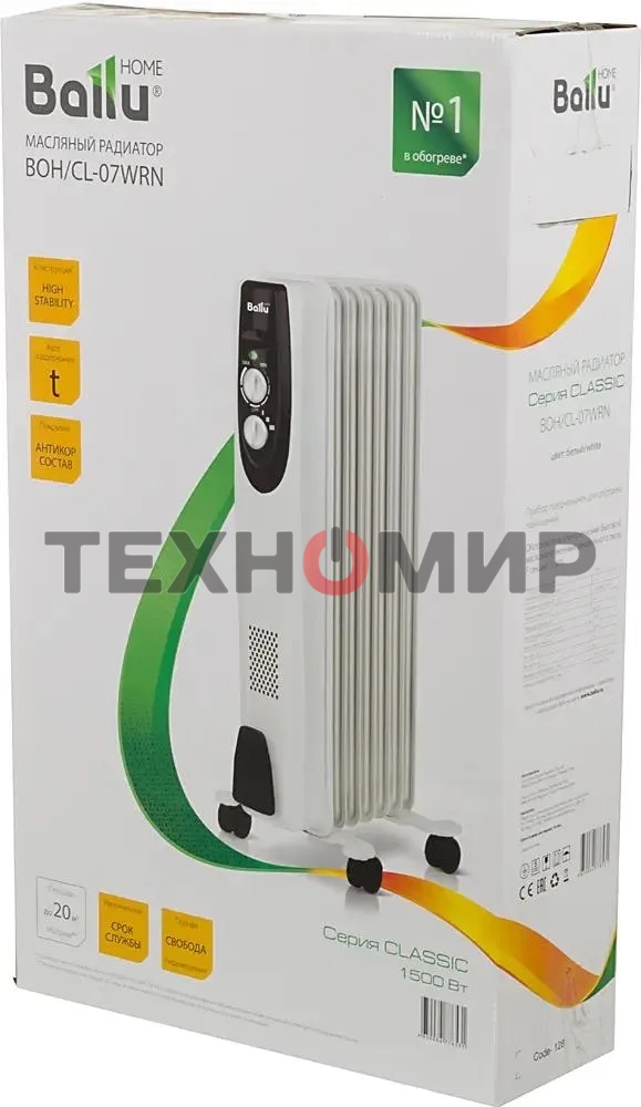 Обогреватель масляный Ballu Classic BOH/CL-07WRN (7 секций), белый, 1500 Вт, 20 м2, термостат