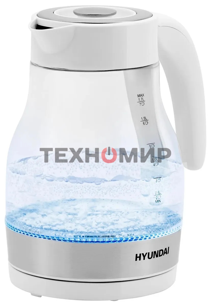 Чайник электрический Hyundai HYK-G3802 1.7 л, 2200 Вт, белый/серебристый (корпус: стекло)