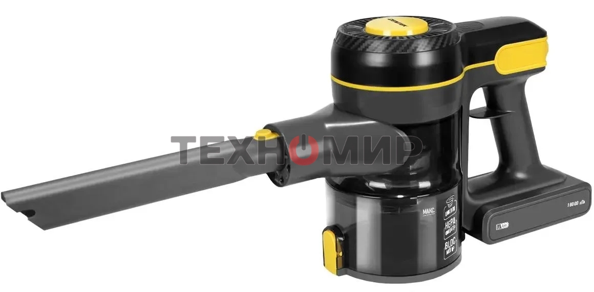 Пылесос вертикальный Centek CT-2573 черный/желтый, питание от аккумулятора, 215 Вт, уборка сухая, пылесборник 0.8 л, работа от АКБ max 45 мин