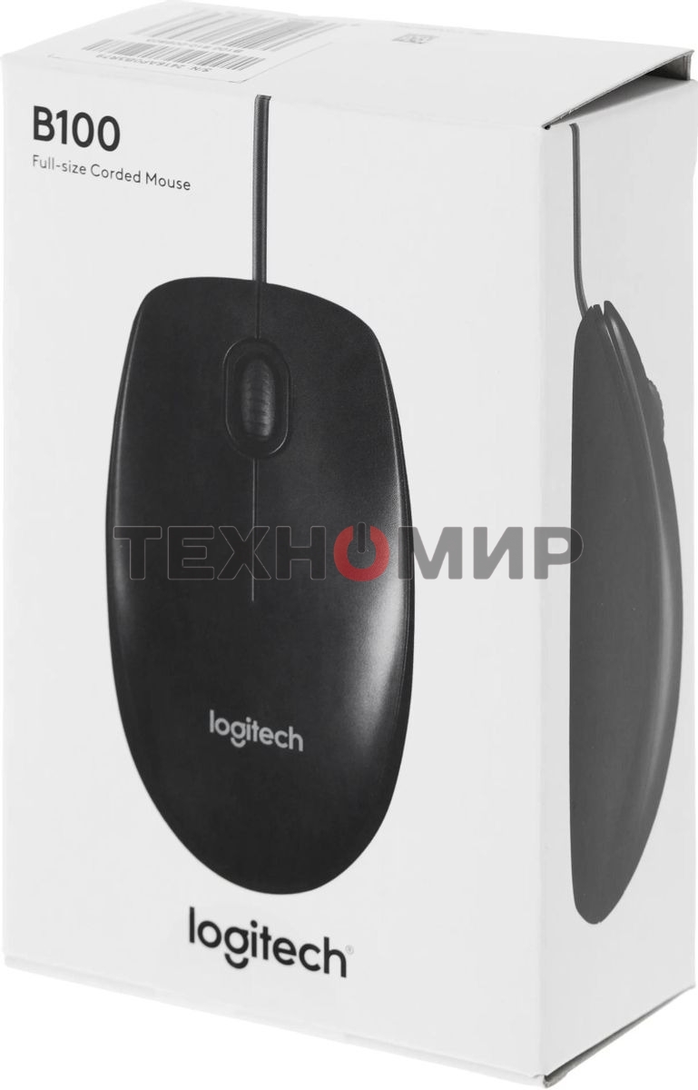Мышь проводная Logitech B100 черный, 1000 dpi, USB, кнопки - 3