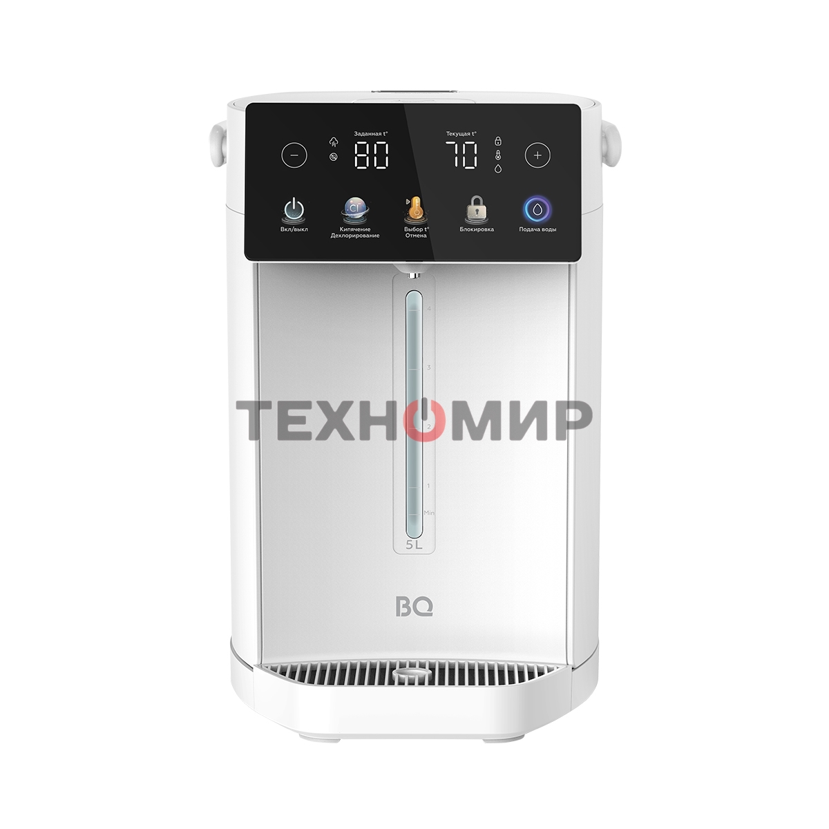 Термопот BQ TP5001 White. Мощность 1600 Вт/Объем 5 л/Сенсорный LED-дисплей/Поддержание температуры/Функция дехлорирования/Регулировка темперы от 40 до 90 'C/Система защиты: от перегрева, от включения без воды, блокировка подачи воды/Внутренняя колба из не