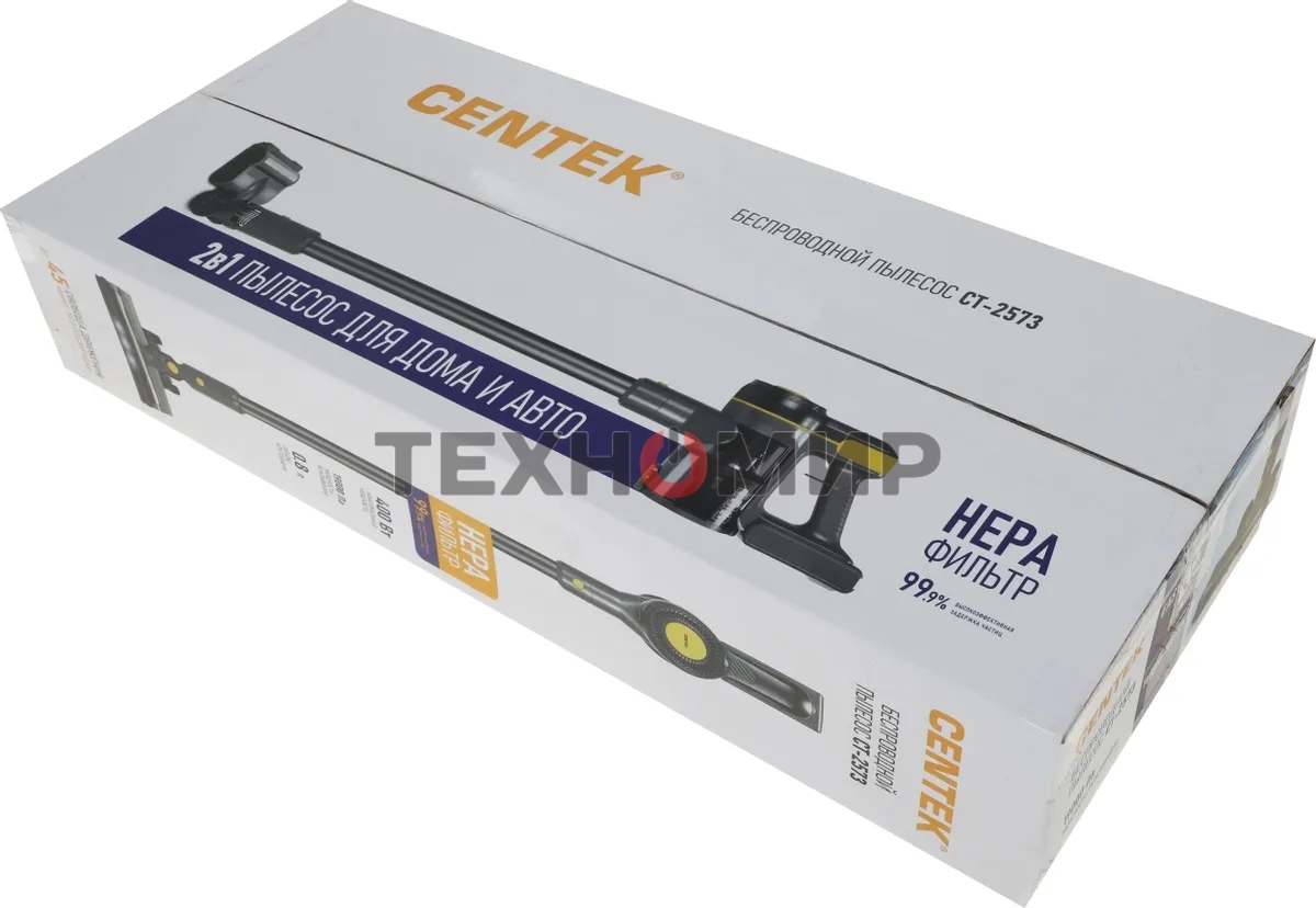 Пылесос вертикальный Centek CT-2573 черный/желтый, питание от аккумулятора, 215 Вт, уборка сухая, пылесборник 0.8 л, работа от АКБ max 45 мин